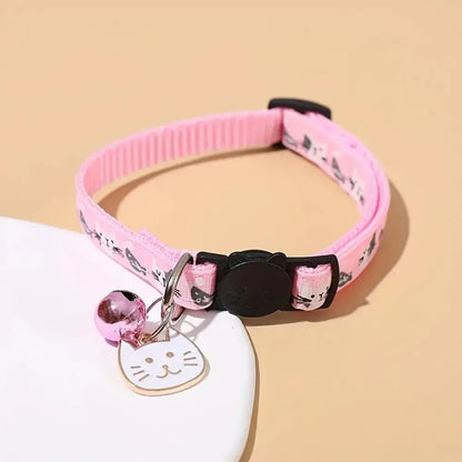 Adjustable Pet Cat Collar Quick Release Safety Buckle Anti-choking Puppy Collar with Cat Face Pendant Bell Cat Pattern
