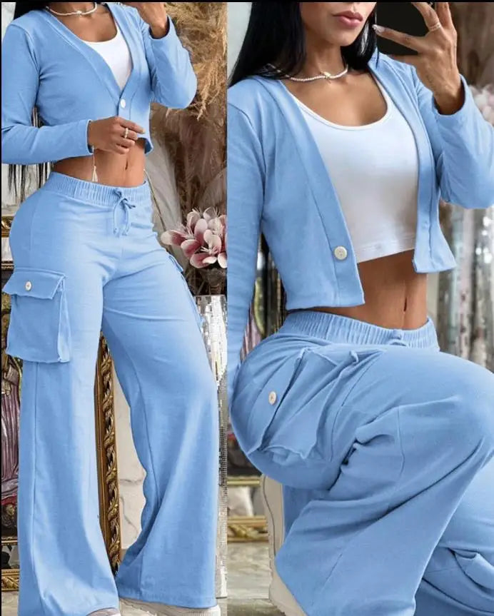Autumn Fashionable And Elegant Solid Color Women's Suit Long-sleeved V-neck Short Coat Pocket Wide-leg Drawstring Trousers Suit