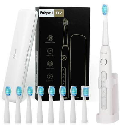 Fairywill FW507 Electric Sonic Toothbrush USB Charger Tooth 8Brush Replacement Waterproof Electronic Toothbrush with Travel Case
