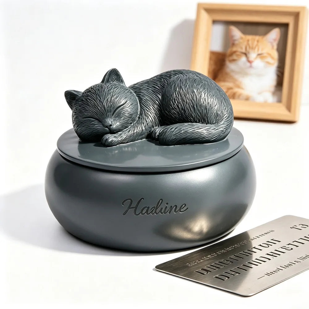 Pet Urn for Cats Resin Sleeping Cat Memorial Ashes Container Matte Sealed Pet Hair Keepsake Box Decor Desktop Loss Sympathy Gift