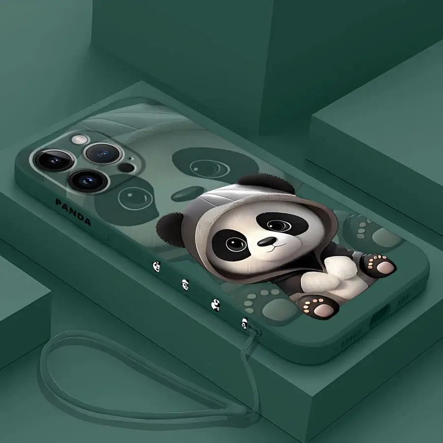 Cute Panda Phone Case for iPhone 11 13 16 Pro 14ProMax 15 Plus XS Max XR SE 8 7 12 Mini Silicone Cover Soft