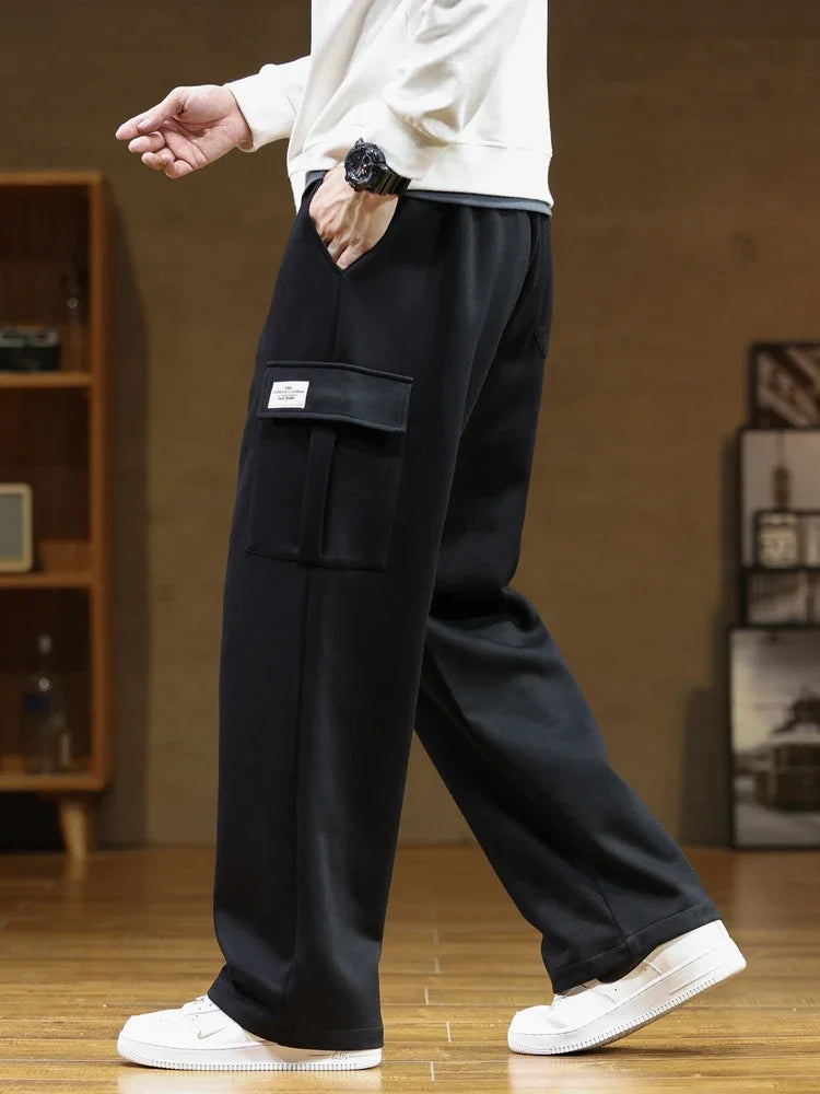 2024 New Sweatpants Men Multi-Pockets Drawstring Cotton Casual Wide Pants Male Loose Straight Trousers Large Size 8XL