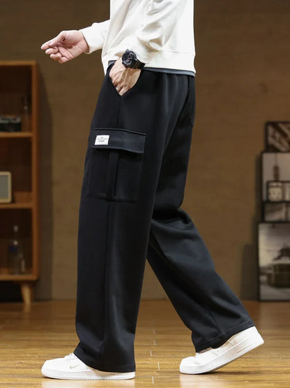 2024 New Sweatpants Men Multi-Pockets Drawstring Cotton Casual Wide Pants Male Loose Straight Trousers Large Size 8XL