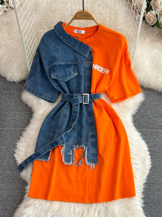Retro Hong Kong Sle Chic Casual Mid-Length round Ne Patchwork Color Denim irt with Belt Spring New Women's Faion Top