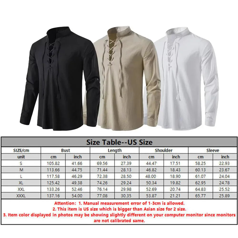 2Pcs Men's Medieval Knight Costume Set Renaissance Cosplay Pirate Shirts Ankle Banded Pants For Halloween Cotton Linen Fabric