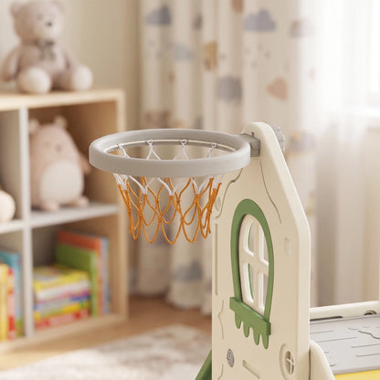 4-in-1 foldable slide with a climbing element, basketball hoop, storage space, and a basketball for children aged 1 to 3, cream white