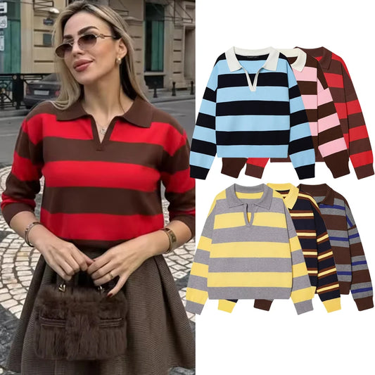 Sweater knitted Pullover Women's Spring 2026 New Fashion Striped Loose Polo neck Warm Women Sweater Chic Youth Holiday Pullover