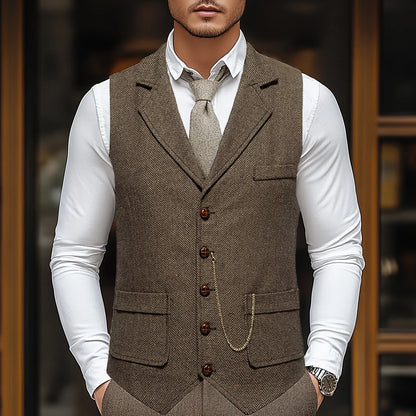 Men's Retro Lapel Chain Vest Fashion Herringbone Coarse Tweed Pockets Suit Vest British Casual Vintage Gentleman Leisure Party