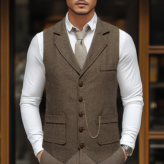 Men's Retro Lapel Chain Vest Fashion Herringbone Coarse Tweed Pockets Suit Vest British Casual Vintage Gentleman Leisure Party