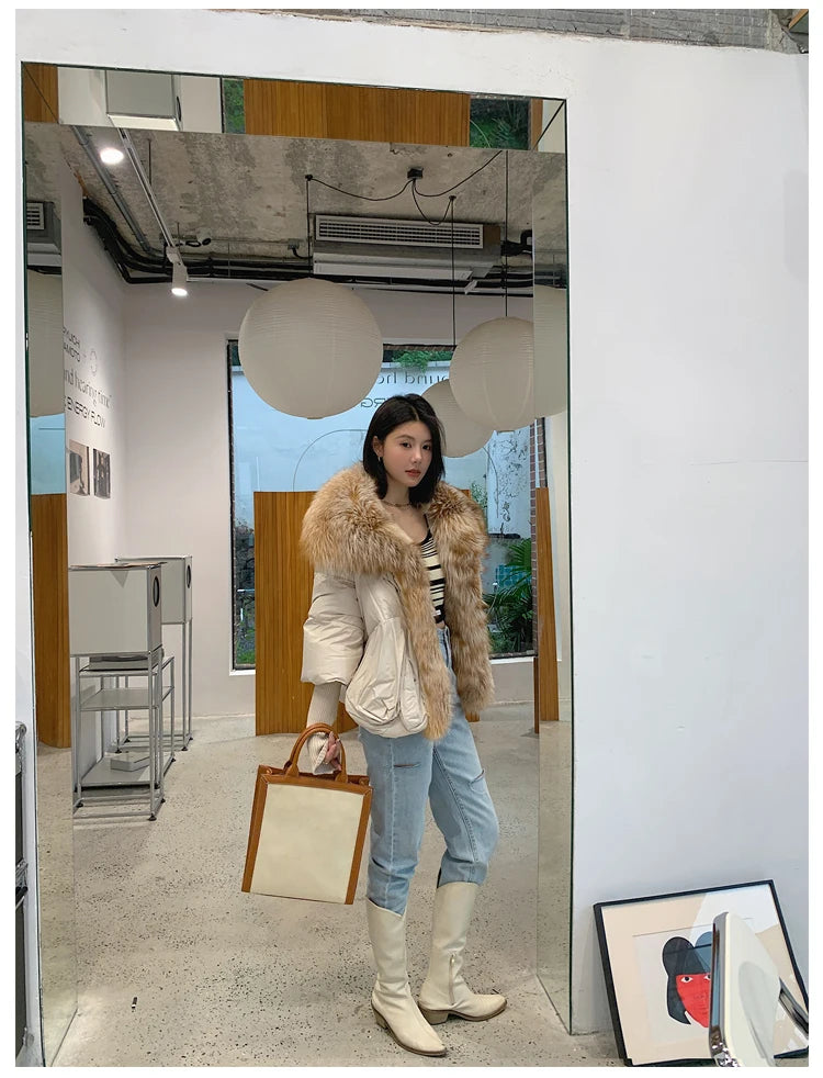 Oversized Winter Warm Real Fox Fur Collar Black Down Coat Women Puffer Outerwear Jackets 2024 Autumn Winter