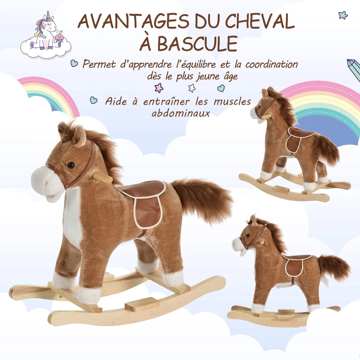 Children's Rocking Horse, Comfortable and Soft, Short Plush, Poplar, Brown, 65 L X 32.5 L X 61 H cm, Children's Rocking Horse, Toy Rocking Horse, Riding Rocking Horse, Children's Toy Rocking Horse