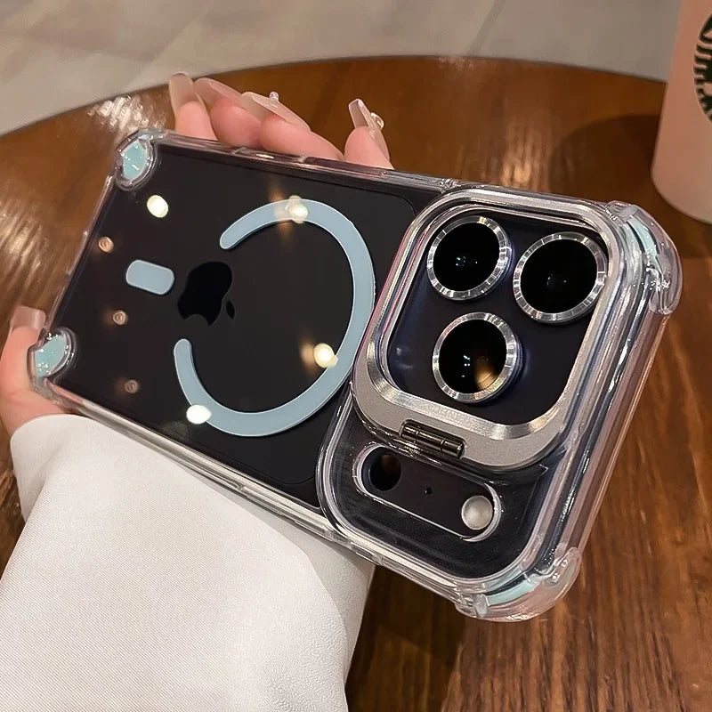 Luxury Transparent Airbag Case For iPhone 17 16 15 14 12 13 Pro Max Plus Air for Magsafe Transparent Camera Stand Holder Cover