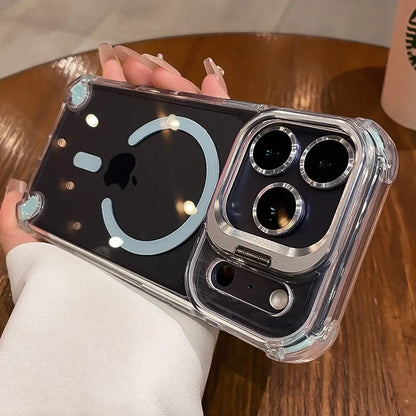Luxury Transparent Airbag Case For iPhone 17 16 15 14 12 13 Pro Max Plus Air for Magsafe Transparent Camera Stand Holder Cover