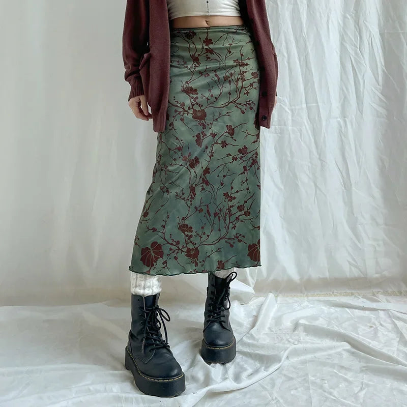 Harajuku Floral Print Long Skirt Vintage Low Rise Straight Midi Skirts for Women Autumn Basic All-match Skirts Ladies Y2k