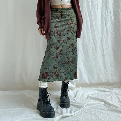Harajuku Floral Print Long Skirt Vintage Low Rise Straight Midi Skirts for Women Autumn Basic All-match Skirts Ladies Y2k