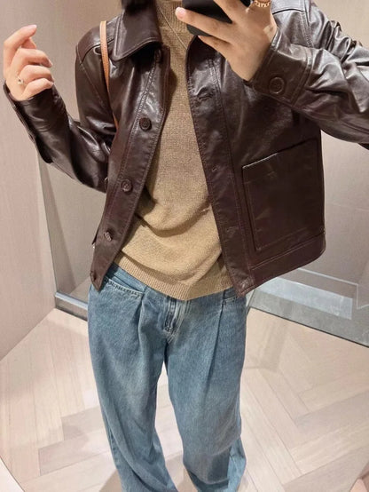 British Style Lapel Genuine Leather Jackets for Women Fashion Single-breasted Pockets Female Brown Casual Short Sheepskin Jacket