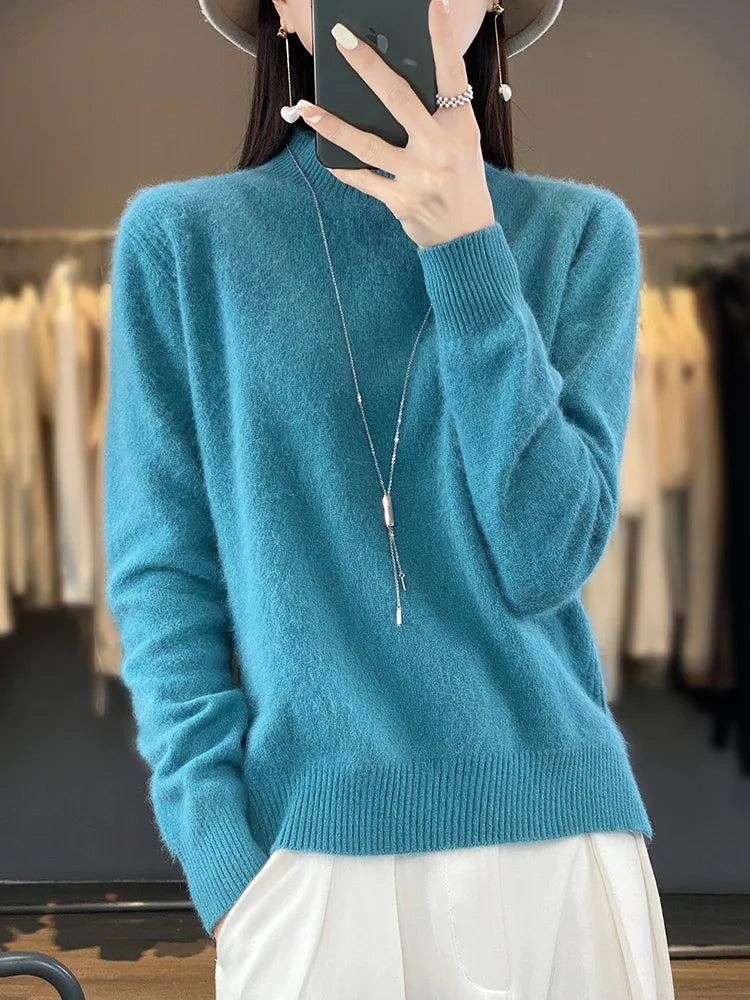 100% Mink Cashmere Sweater Women's Half High Collar Pullover Long Sleeve Cashmere Knitwear Fashion Autumn Winter Female Clothing