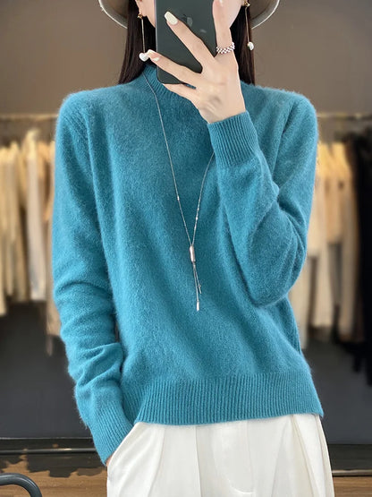 100% Mink Cashmere Sweater Women's Half High Collar Pullover Long Sleeve Cashmere Knitwear Fashion Autumn Winter Female Clothing