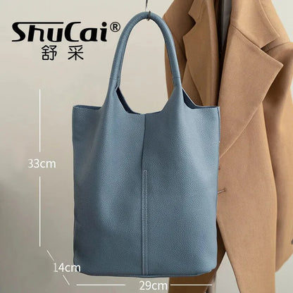 Genuine Grade Leather Women Commuter Tote Bag Ladies Soft Cowhide Tote Shoulder Handbag Large Female Bucket Bag Luxury Designer