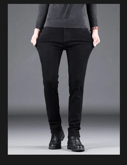 Spring Autumn New Men's Pure Black Slim Jeans Elastic Straight Pants Business Fashion Leisure Korean Vintage Denim Pants Male
