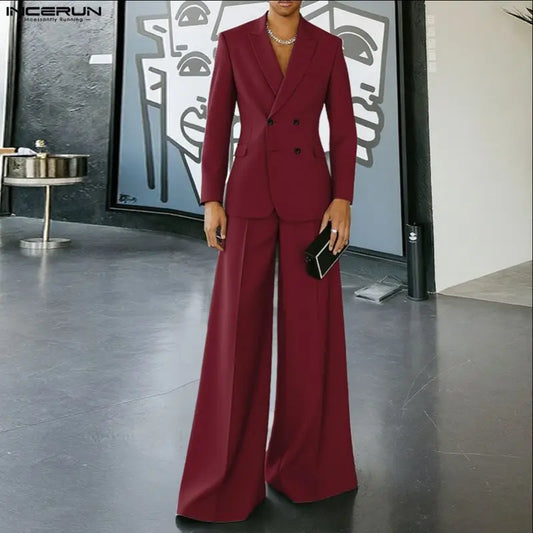 INCERUN Men Sets Solid Color Double Breasted Long Sleeve Blazer & Pants Two Pieces Sets Streetwear Fashion Casual Men's Suits
