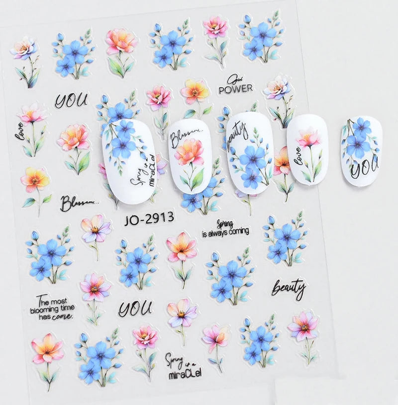 3d Nail Art Decals Spring Booming Violets Lavenders Purple Blue Pink Flowers Butterflys Stickers Decoration For Nail Tips Beauty