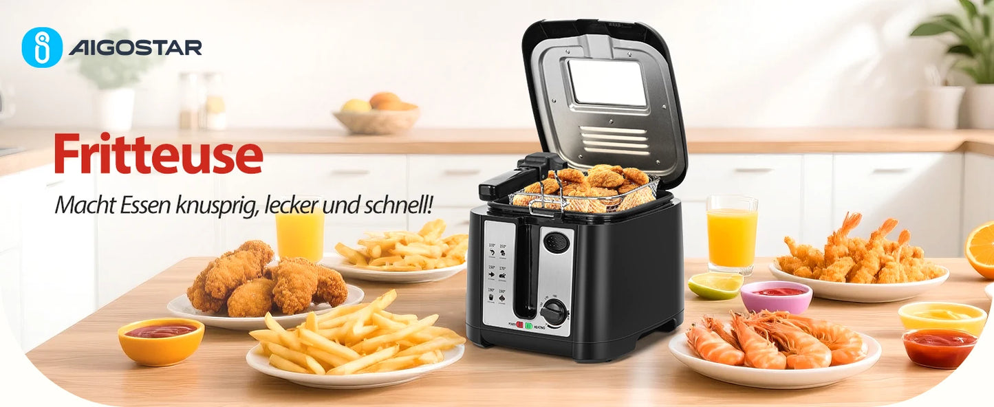 Aigostar gruzdintuvė, 2,5 l talpos, 1650 W, be BPA, su permatomu langu, temperatūros reguliavimu ir ekranu, juoda