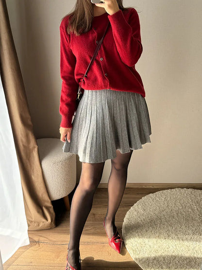 Autumn Knit White Mini Pleated Skirts For Women A Line Skirt Gray High Waist Women Knitted Pleated Short Skirts Korean Fashion