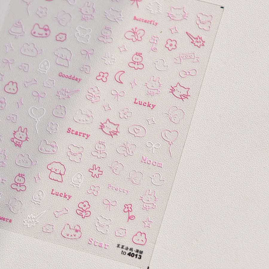Collage Text English Letter Musical Note Star Graffiti Colorful 5D Love Heart Bowknot Nail Art Sticker Adhesive Manicure Decals