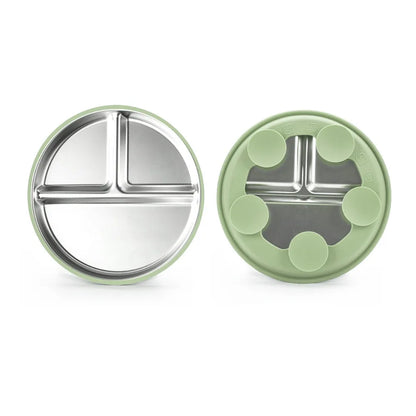 New Non-Slip Stainless Steel Kids Plate with Suction Anti Breakage Divided Baby Plates Silicone Sleeves Removable Toddler Bowls