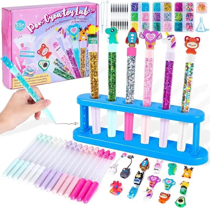 DIY Glitter Pen Making Kit Kids Craft Supplies 80+ Pieces Handmade Art Set Make 16 Pens Cartoon Decor Birthday Gift for Girls Bo