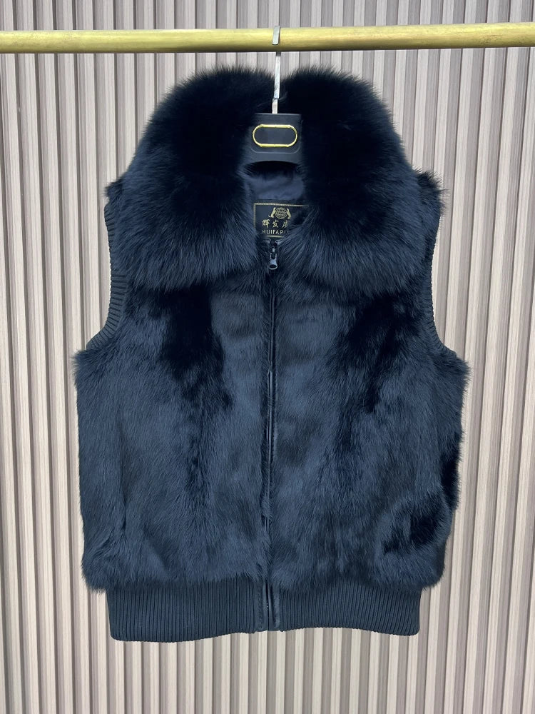 Women's Genuine Real Rabbit Fur Vest Coat Knitting Winter Fox Fur Collar Fur Jacket Casual Short Outwear Slim with Zipper