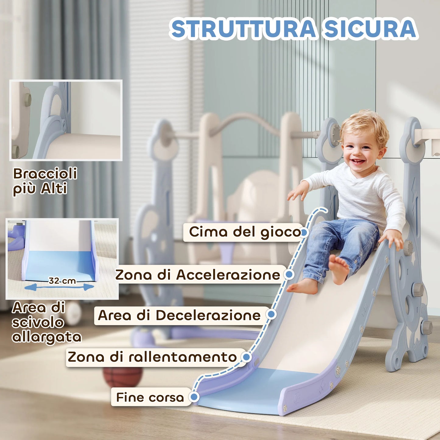 4-in-1 children’s play set with a slide, swing, climbing wall, and hoop, 147.5x160x107 cm, light blue