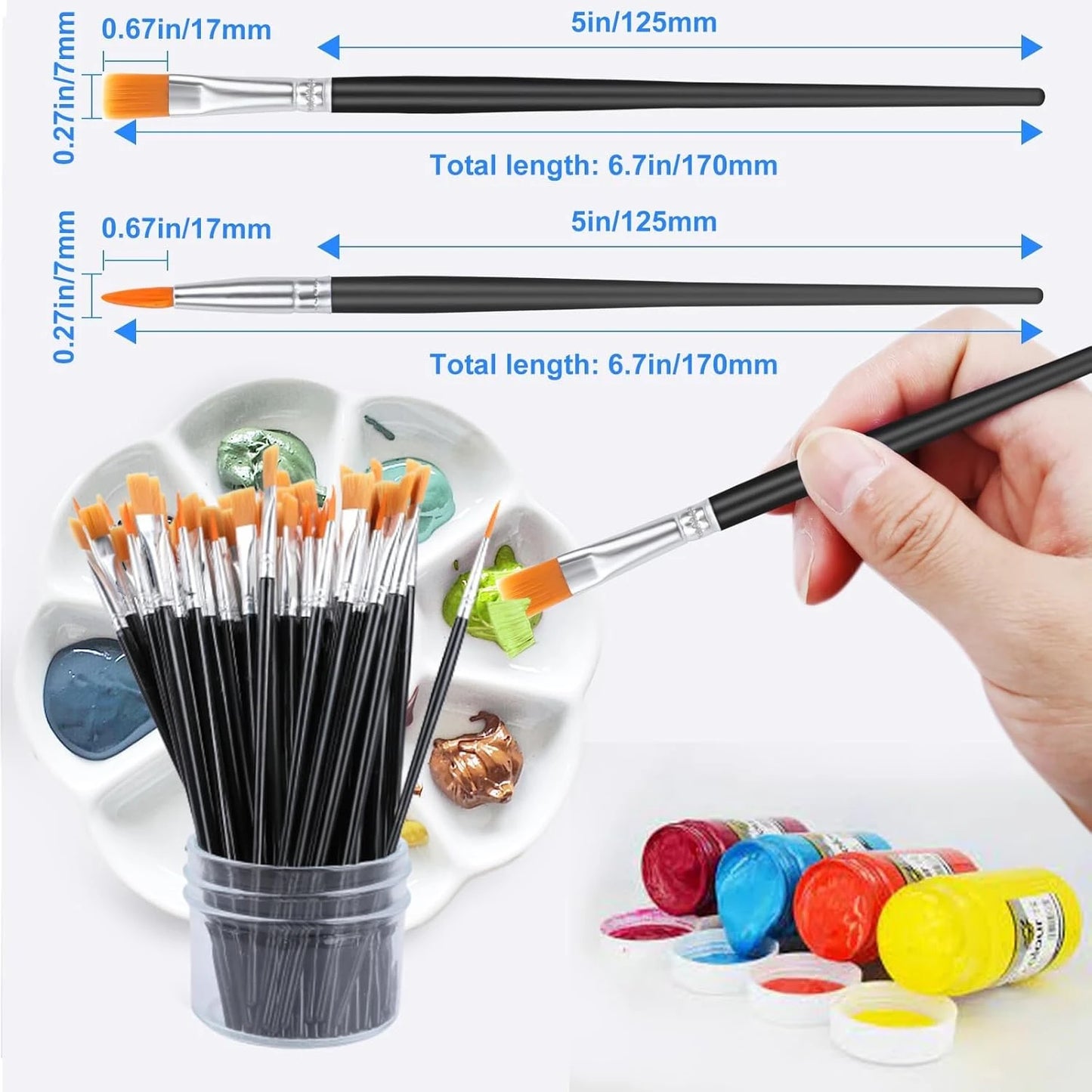 Flat And Round Paint Brushes Set,Pointed Flat Nylon Hair Brushes For Acrylic Oil Watercolor Paint Party Painting