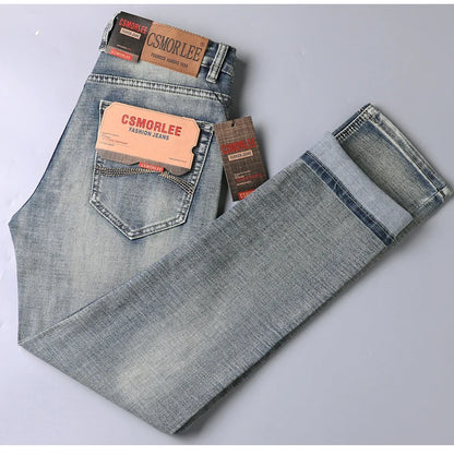 High-end Light Luxury Brand Jeans Men's Retro Slim Fit Straight Versatile Casual Gray Trousers Autumn and Winter Thick Jeans