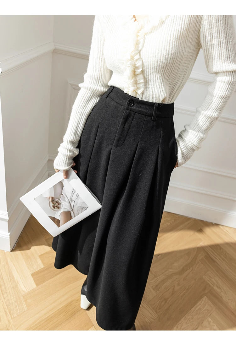 Vintage Winter Woolen Long Skirts For Women Streetwear High Waist Pleated Maxi Skirt Big Swing Folds A-Line Jupe Longues Femme