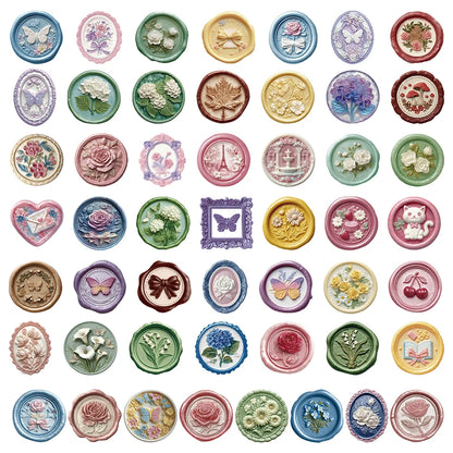 10/30/50pcs Vintage Wax Seal Stamp Aesthetic Stickers Transparent PET Decals DIY Scrapbook Phone Guitar Butterfly Flower Sticker