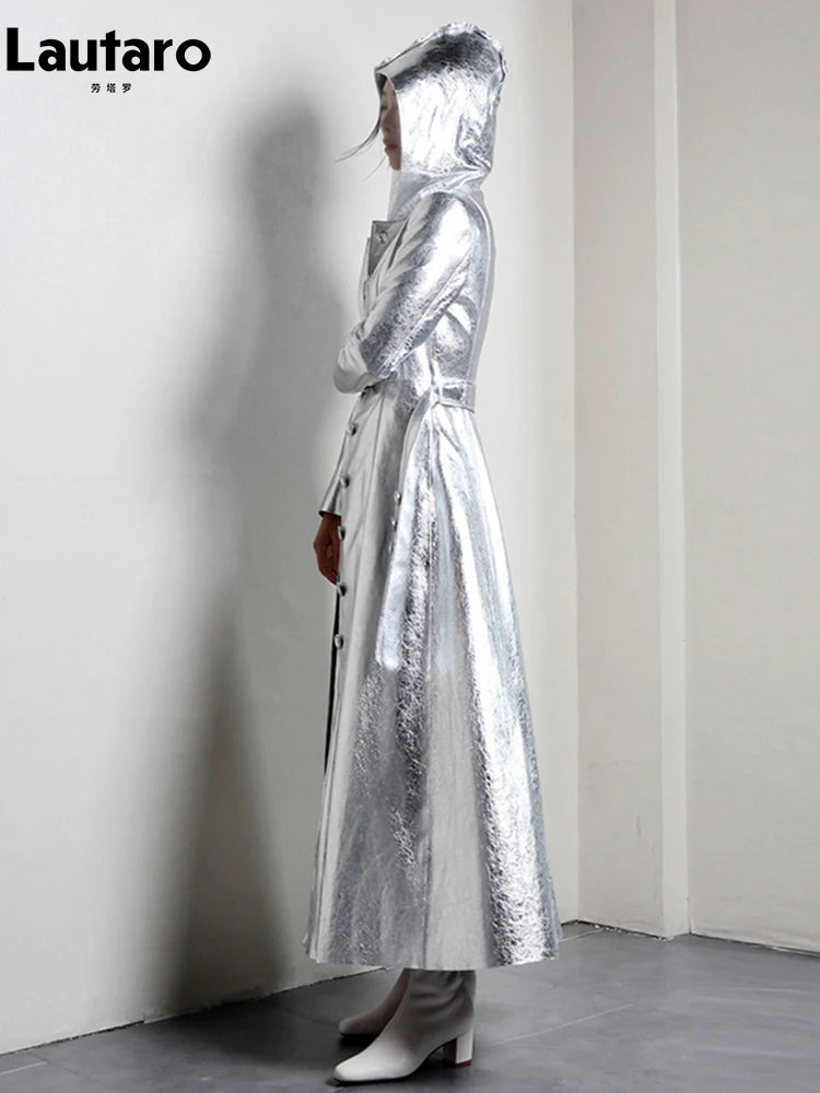 Lautaro Spring Autumn Extra Long Cool Silver Shiny Reflective Pu Leather Trench Coat for Women with Hood Luxury Runway Fashion