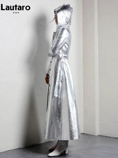 Lautaro Spring Autumn Extra Long Cool Silver Shiny Reflective Pu Leather Trench Coat for Women with Hood Luxury Runway Fashion