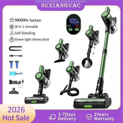 Cordless Vacuum Cleaner,Self-Standing，10-in-1/58Kpa/55Mins Stick Vacuum with LED Lighting Brush Vacuum  for Pet/Hair/Carpet