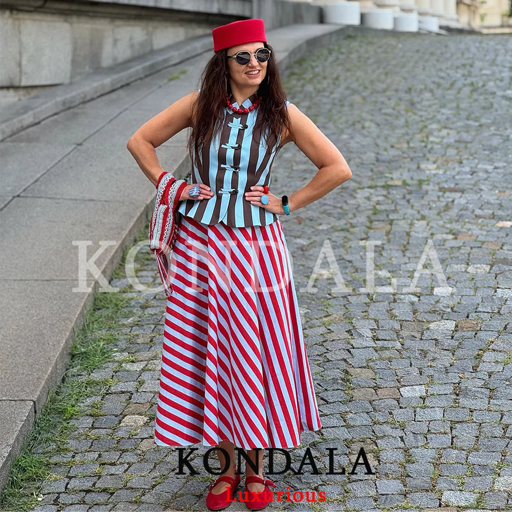 KONDALA Holiday Casual Chic Women Long Skirt Striped Zipper A-Line Draped Skirt Fashion 2026 Summer Fall Night Out Party Skirt