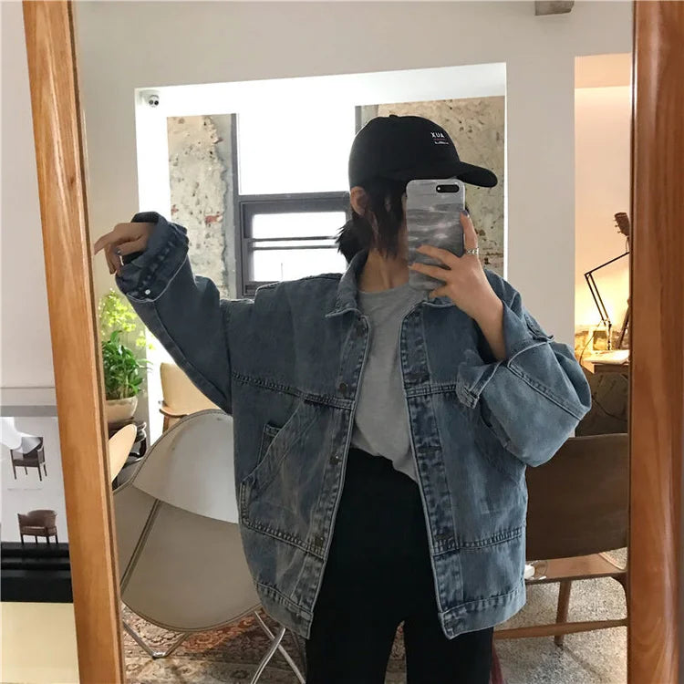 Denim Jacket Women's Spring Autumn New High Street Jeans Coat Oversize Loose Basic Jackets Simple Versatile Lapel Outerwear