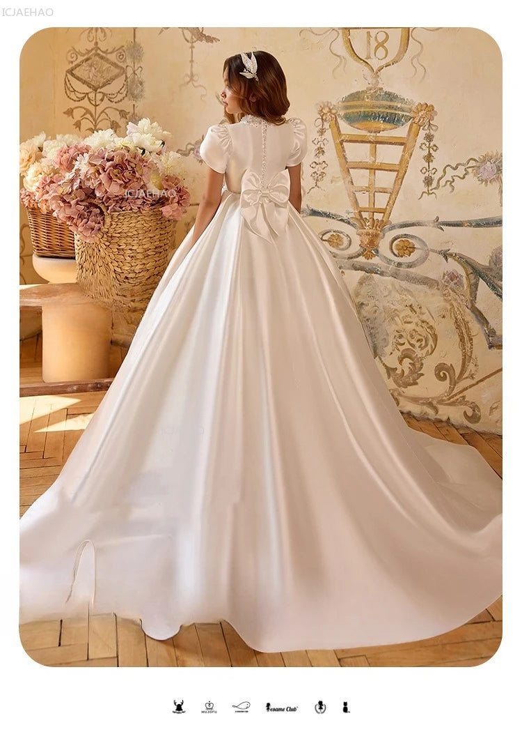 White Wedding Dress for Girls New Satin Princess Party Gown Clothes Children Birthday Host Piano Performance Pageant Costume