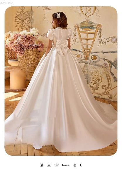 White Wedding Dress for Girls New Satin Princess Party Gown Clothes Children Birthday Host Piano Performance Pageant Costume
