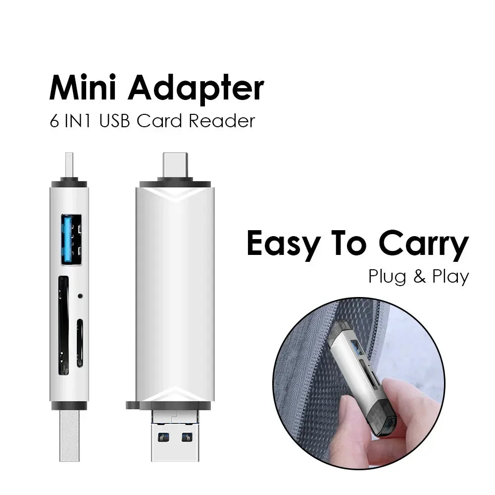 6-in-1 USB 3.0 & Type-C Card Reader OTG – Multi-function SD/TF/Micro SD Card Adapter with USB 3.0 Port, High Speed Data Transfer