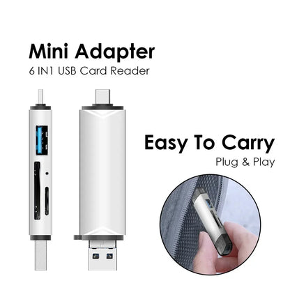 6-in-1 USB 3.0 & Type-C Card Reader OTG – Multi-function SD/TF/Micro SD Card Adapter with USB 3.0 Port, High Speed Data Transfer