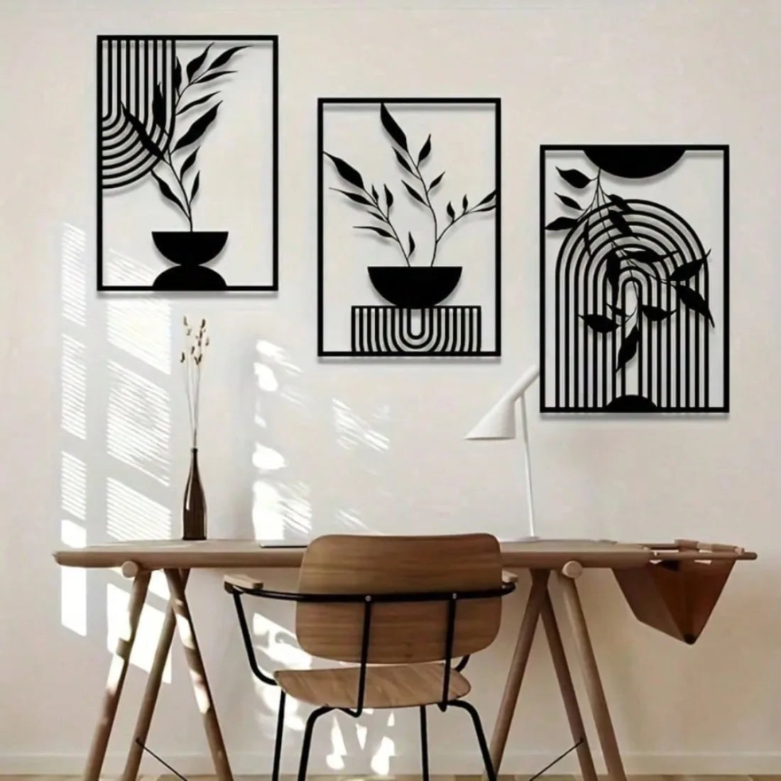 Metal Wall Art Black Iron 3-Piece Set, Abstract Line Decor for Living Room Bedroom Indoor Outdoor