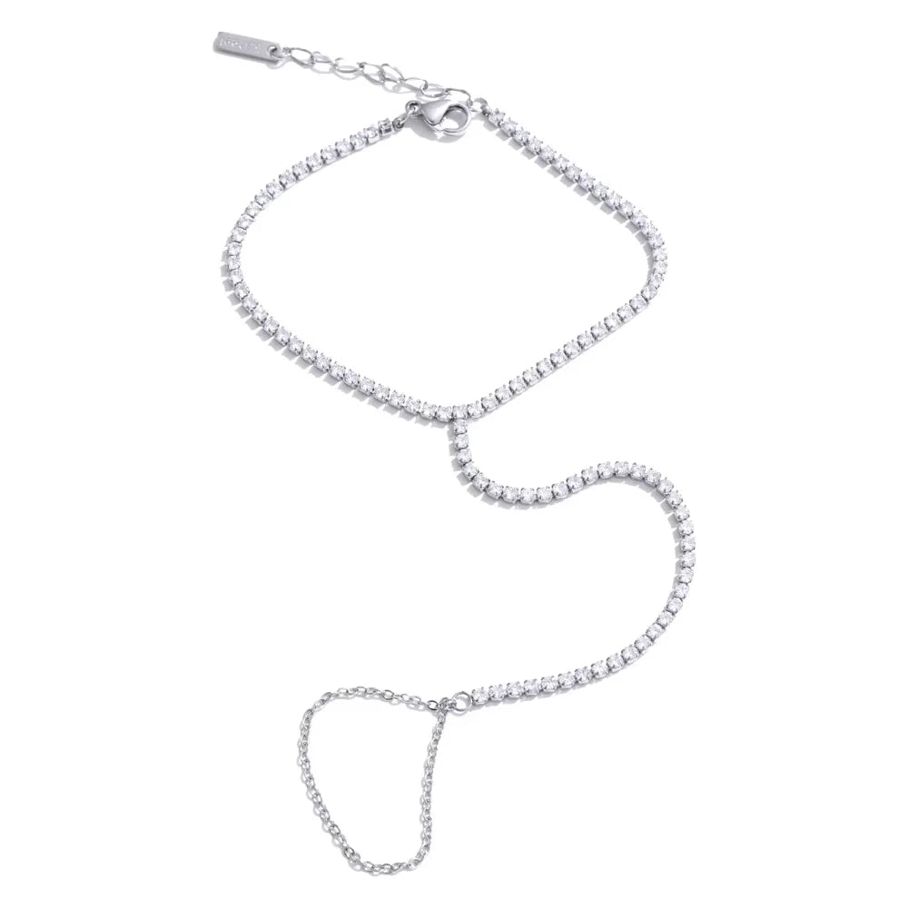 Yhpup Trendy Stainless Steel Zircon Beads Back of Hand Chain Finger Bracelet Fashion Chic Sexy Jewelry Waterproof Wholesale Gift