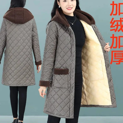 Winter Coat New Vintage Velvet And Thickening Single breasted Cotton Coat for Women Fit Cotton Clip Warm Long Parka Plaid Coat