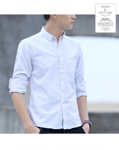 Classic Fit Cotton Full Casual Shirts for Men Solid Color Long-Sleeve Plain Shirt Single Pocket Top Soft Slim Fit Formal Clothes